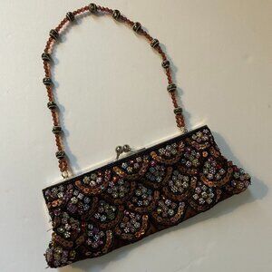 Brown Beaded Sequin Bagette Evening Clutch Purse Bag Y2K